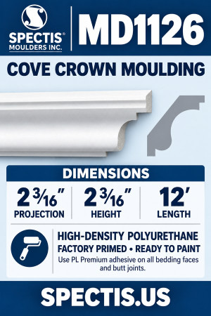 MD1126 Cove Crown Moulding — HDP polyurethane — 2 3/16″ projection × 2 3/16″ height × 12′ length; cove face and grey side profile.