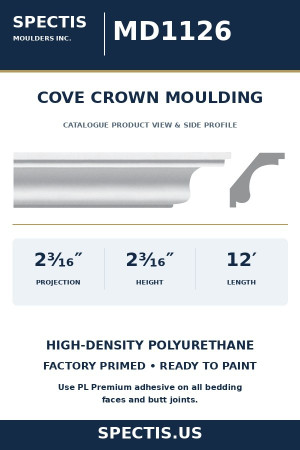 MD1126 Cove Crown Moulding — actual Spectis catalogue product and side profile — 2 3/16″ projection × 2 3/16″ height × 12′ length.