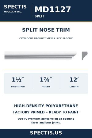 MD1127SPLIT Split Nose Trim — actual Spectis catalogue product and side profile — 1½″ projection × 1⅞″ height × 12′ length.