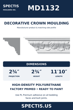 MD1132 Decorative Crown Moulding — Polyurethane — 2¾″ P × 2¾″ H × 11′10″ L — original Spectis catalogue moulding and side profile; factory primed HDP urethane.