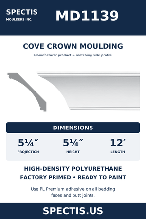 MD1139 Cove Crown Moulding — Polyurethane — 5¼″ P × 5¼″ H × 12′ L — original Spectis catalogue moulding and side profile; factory primed HDP urethane.