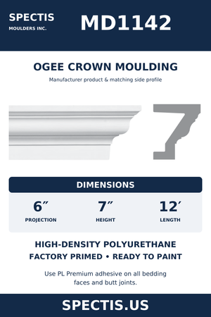 MD1142 Ogee Crown Moulding — Polyurethane — 6″ P × 7″ H × 12′ L — original Spectis catalogue moulding and side profile; factory primed HDP urethane.