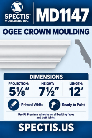 MD1147 Ogee Crown Moulding — Spectis moulding dimensions and profile