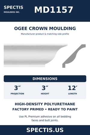 MD1157 Ogee Crown Moulding — Polyurethane — 3″ P × 3″ H × 12′ L — manufacturer product artwork and side profile; factory primed HDP urethane.