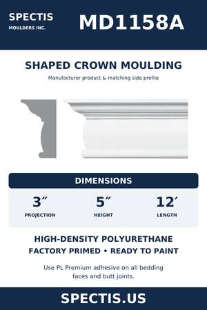 MD1158A Shaped Crown Moulding — Polyurethane — 3″ P × 5″ H × 12′ L — manufacturer product artwork and side profile; factory primed HDP urethane.
