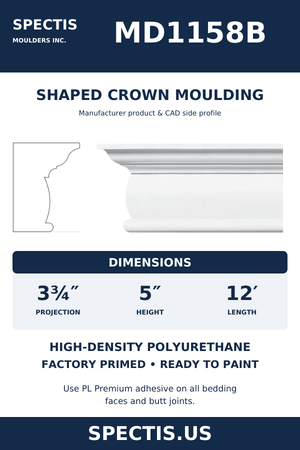 MD1158B Shaped Crown Moulding — Polyurethane — 3¾″ P × 5″ H × 12′ L — manufacturer product artwork and side profile; factory primed HDP urethane.