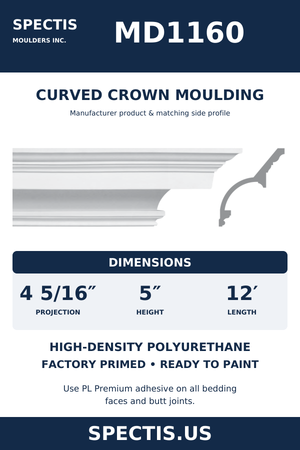 MD1160 Curved Crown Moulding — dimensions and moulding profile