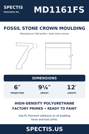 MD1161FS Fossil Stone Crown Moulding — dimensions and moulding profile
