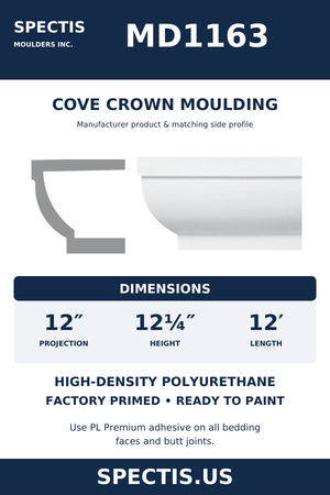 MD1163 Cove Crown Moulding — dimensions and moulding profile