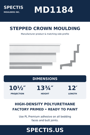 MD1184 Stepped Crown Moulding — dimensions and moulding profile