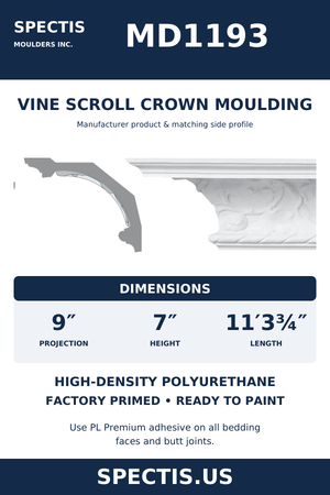 MD1193 Vine Scroll Crown Moulding — dimensions and moulding profile