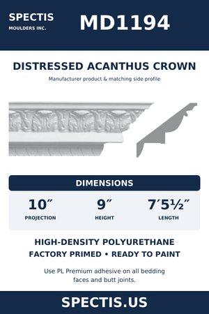MD1194 Distressed Acanthus Crown — dimensions and moulding profile