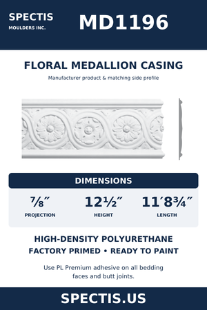 MD1196 Floral Medallion Casing — dimensions and moulding profile