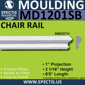 MD1201SB Smooth Chair Rail 1"P x 2 1/16"H x 96"L