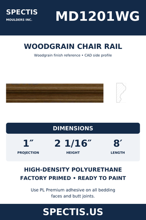 MD1201WG Woodgrain Chair Rail — dimensions and moulding profile
