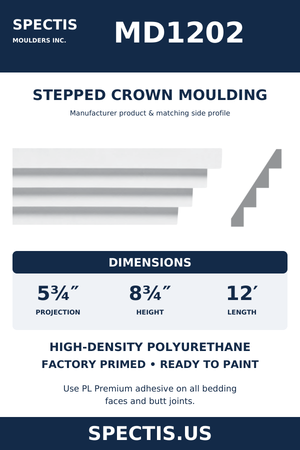 MD1202 Stepped Crown Moulding — dimensions and moulding profile