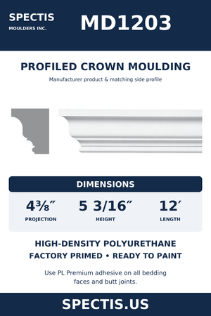 MD1203 Profiled Crown Moulding — dimensions and moulding profile