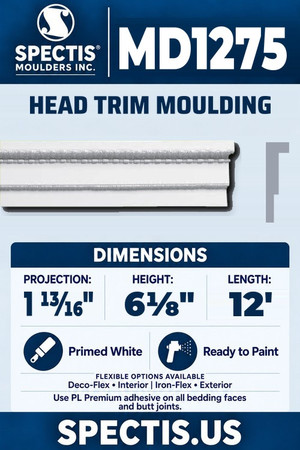 Spectis MD1275 head trim moulding, section and side profile. 1 13⁄16 inch projection, 6⅛ inch height, 12 foot length. Use PL Premium adhesive. Flexible options: Deco-Flex for interior use; Iron-Flex for exterior use.