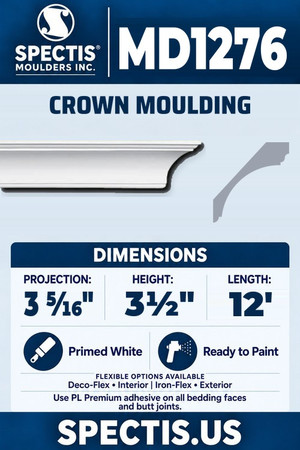 Spectis MD1276 crown moulding, section and side profile. 3 5⁄16 inch projection, 3½ inch height, 12 foot length. Use PL Premium adhesive. Flexible options: Deco-Flex for interior use; Iron-Flex for exterior use.