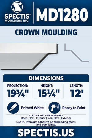 Spectis MD1280 crown moulding, section and side profile. 19¾ inch projection, 15¼ inch height, 12 foot length. Use PL Premium adhesive. Flexible options: Deco-Flex for interior use; Iron-Flex for exterior use.