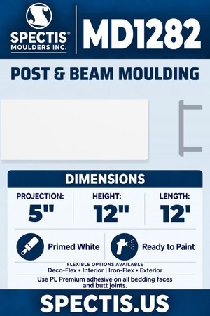 Spectis MD1282 post & beam moulding, section and side profile. 5 inch projection, 12 inch height, 12 foot length. Use PL Premium adhesive. Flexible options: Deco-Flex for interior use; Iron-Flex for exterior use.