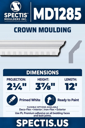 Spectis MD1285 crown moulding, section and side profile. 2¼ inch projection, 3⅞ inch height, 12 foot length. Use PL Premium adhesive. Flexible options: Deco-Flex for interior use; Iron-Flex for exterior use.