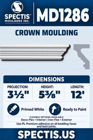 Spectis MD1286 crown moulding, section and side profile. 3½ inch projection, 5⅜ inch height, 12 foot length. Use PL Premium adhesive. Flexible options: Deco-Flex for interior use; Iron-Flex for exterior use.