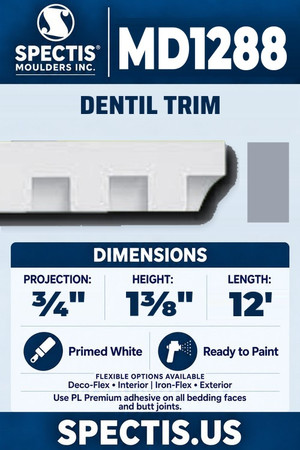 Spectis MD1288 dentil trim, section and side profile. ¾ inch projection, 1⅜ inch height, 12 foot length. Use PL Premium adhesive. Flexible options: Deco-Flex for interior use; Iron-Flex for exterior use.