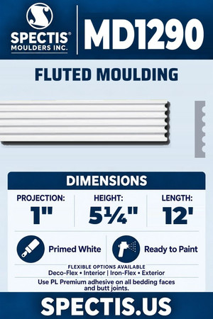 Spectis MD1290 fluted moulding, section and side profile. 1 inch projection, 5¼ inch height, 12 foot length. Use PL Premium adhesive. Flexible options: Deco-Flex for interior use; Iron-Flex for exterior use.