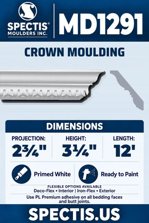 Spectis MD1291 crown moulding, section and side profile. 2¾ inch projection, 3¼ inch height, 12 foot length. Use PL Premium adhesive. Flexible options: Deco-Flex for interior use; Iron-Flex for exterior use.