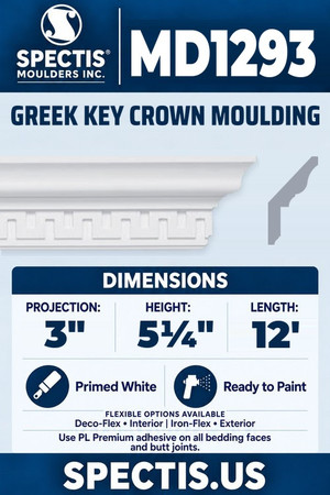 Spectis MD1293 greek key crown moulding, section and side profile. 3 inch projection, 5¼ inch height, 12 foot length. Use PL Premium adhesive. Flexible options: Deco-Flex for interior use; Iron-Flex for exterior use.