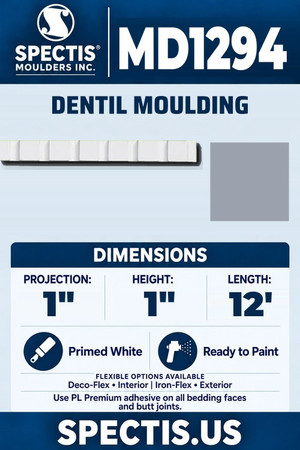 Spectis MD1294 dentil moulding, section and side profile. 1 inch projection, 1 inch height, 12 foot length. Use PL Premium adhesive. Flexible options: Deco-Flex for interior use; Iron-Flex for exterior use.