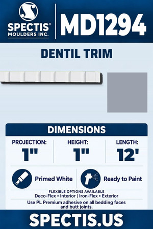 Spectis MD1294 dentil trim, section and side profile. 1 inch projection, 1 inch height, 12 foot length. Use PL Premium adhesive. Flexible options: Deco-Flex for interior use; Iron-Flex for exterior use.