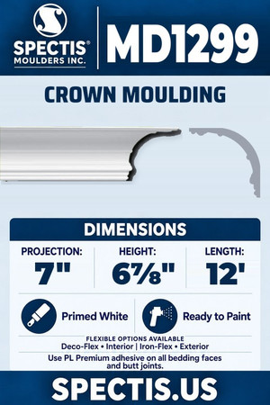 Spectis MD1299 crown moulding, section and side profile. 7 inch projection, 6⅞ inch height, 12 foot length. Use PL Premium adhesive. Flexible options: Deco-Flex for interior use; Iron-Flex for exterior use.