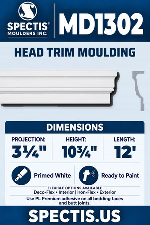 Spectis MD1302 head trim moulding, section and side profile. 3¼ inch projection, 10¾ inch height, 12 foot length. Use PL Premium adhesive. Flexible options: Deco-Flex for interior use; Iron-Flex for exterior use.