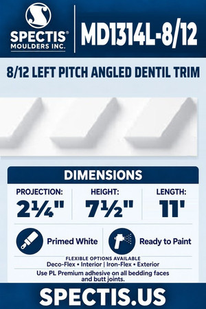 Spectis MD1314L-8/12 8/12 left pitch angled dentil trim, section and side profile. 2¼ inch projection, 7½ inch height, 11 foot length. Use PL Premium adhesive. Flexible options: Deco-Flex for interior use; Iron-Flex for exterior use.