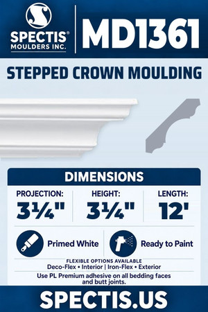 Spectis MD1361 stepped crown moulding, section and side profile. 3¼ inch projection, 3¼ inch height, 12 foot length. Use PL Premium adhesive. Flexible options: Deco-Flex for interior use; Iron-Flex for exterior use.