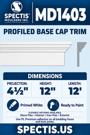 MD1403 moulding — clean white rendering and manufacturer-catalogue-based gray side profile.