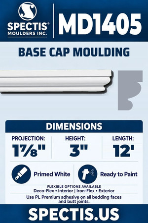 Spectis MD1405 base cap moulding, section and side profile. 1⅞ inch projection, 3 inch height, 12 foot length. Use PL Premium adhesive. Flexible options: Deco-Flex for interior use; Iron-Flex for exterior use.