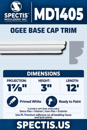 Spectis MD1405 ogee base cap trim, section and side profile. 1⅞ inch projection, 3 inch height, 12 foot length. Use PL Premium adhesive. Flexible options: Deco-Flex for interior use; Iron-Flex for exterior use.