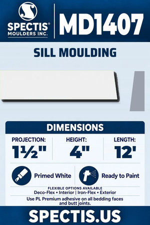 Spectis MD1407 sill moulding, section and side profile. 1½ inch projection, 4 inch height, 12 foot length. Use PL Premium adhesive. Flexible options: Deco-Flex for interior use; Iron-Flex for exterior use.