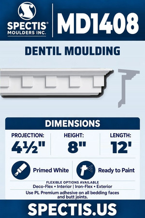 Spectis MD1408 dentil moulding, section and side profile. 4½ inch projection, 8 inch height, 12 foot length. Use PL Premium adhesive. Flexible options: Deco-Flex for interior use; Iron-Flex for exterior use.