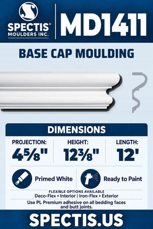 Spectis MD1411 base cap moulding, section and side profile. 4⅝ inch projection, 12⅜ inch height, 12 foot length. Use PL Premium adhesive. Flexible options: Deco-Flex for interior use; Iron-Flex for exterior use.