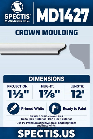Spectis MD1427 crown moulding, section and side profile. 1½ inch projection, 1⅞ inch height, 12 foot length. Use PL Premium adhesive. Flexible options: Deco-Flex for interior use; Iron-Flex for exterior use.