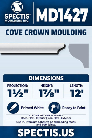 Spectis MD1427 cove crown moulding, section and side profile. 1½ inch projection, 1⅞ inch height, 12 foot length. Use PL Premium adhesive. Flexible options: Deco-Flex for interior use; Iron-Flex for exterior use.