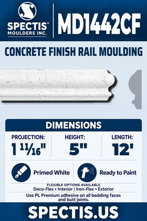Spectis MD1442CF concrete finish rail moulding, section and side profile. 1 11⁄16 inch projection, 5 inch height, 12 foot length. Use PL Premium adhesive. Flexible options: Deco-Flex for interior use; Iron-Flex for exterior use.