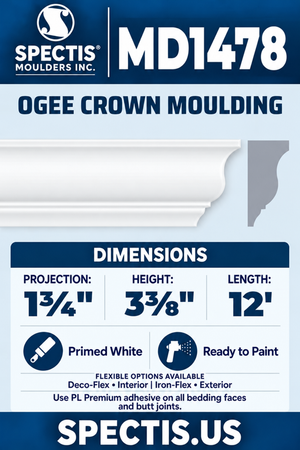 MD1478 Ogee Crown Moulding — clean white moulding with matching side profile