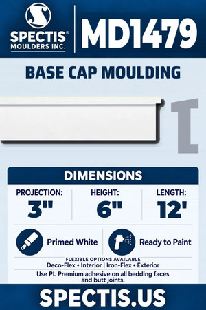 Spectis MD1479 base cap moulding, section and side profile. 3 inch projection, 6 inch height, 12 foot length. Use PL Premium adhesive. Flexible options: Deco-Flex for interior use; Iron-Flex for exterior use.