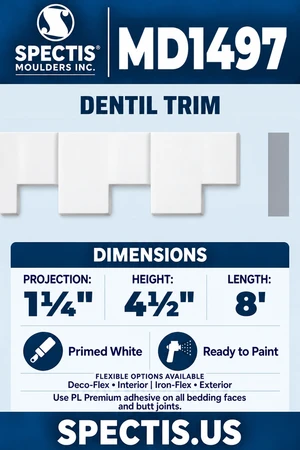 MD1497 Dentil Trim — clean white moulding with matching side profile