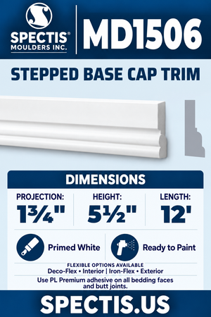 MD1506 Stepped Base Cap Trim — white moulding rendering and side profile.